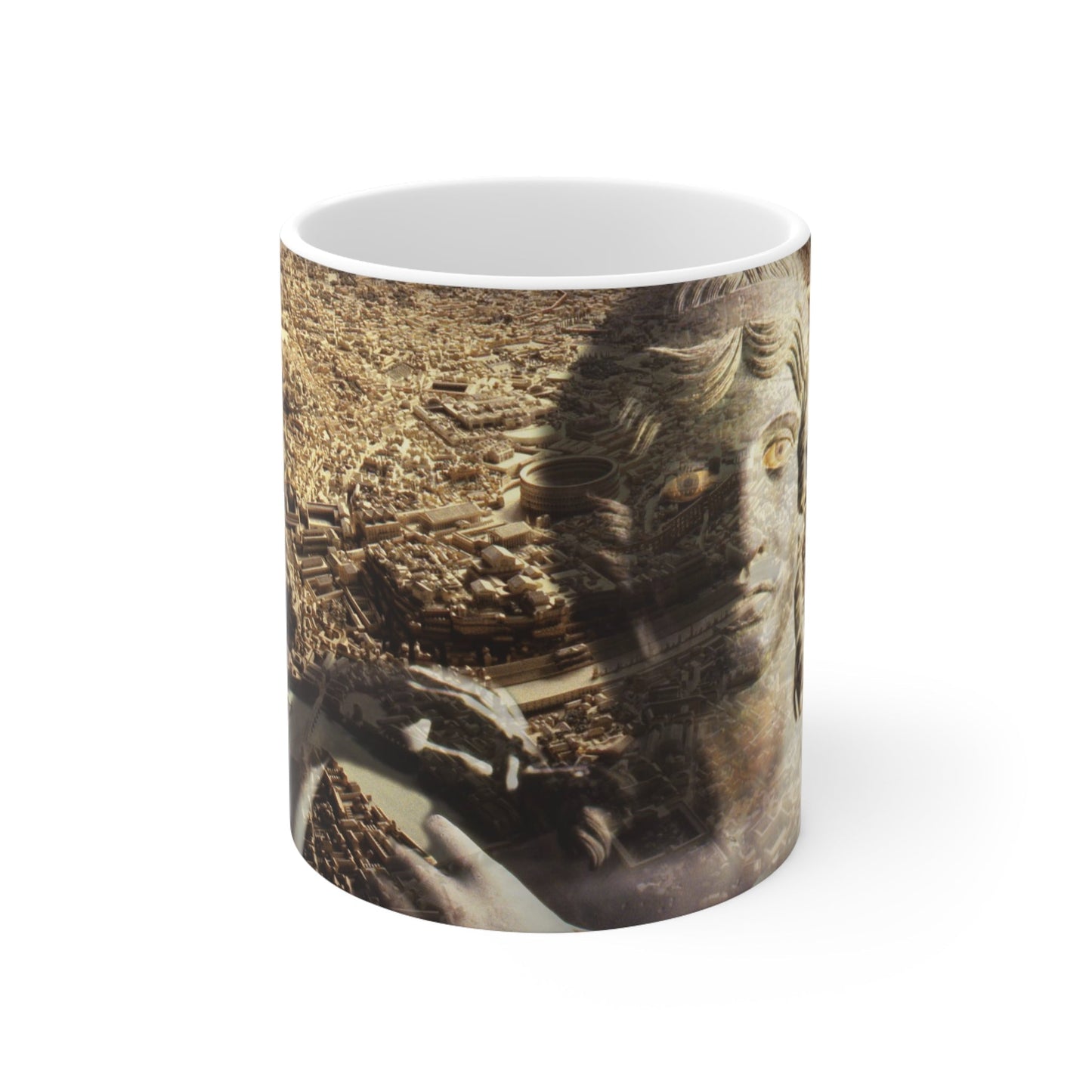 The Muse of Rome white mug by Storaro Art Collection - Classical sculpture with Roman urban landscape in golden inspiration tones on ceramic drinkware