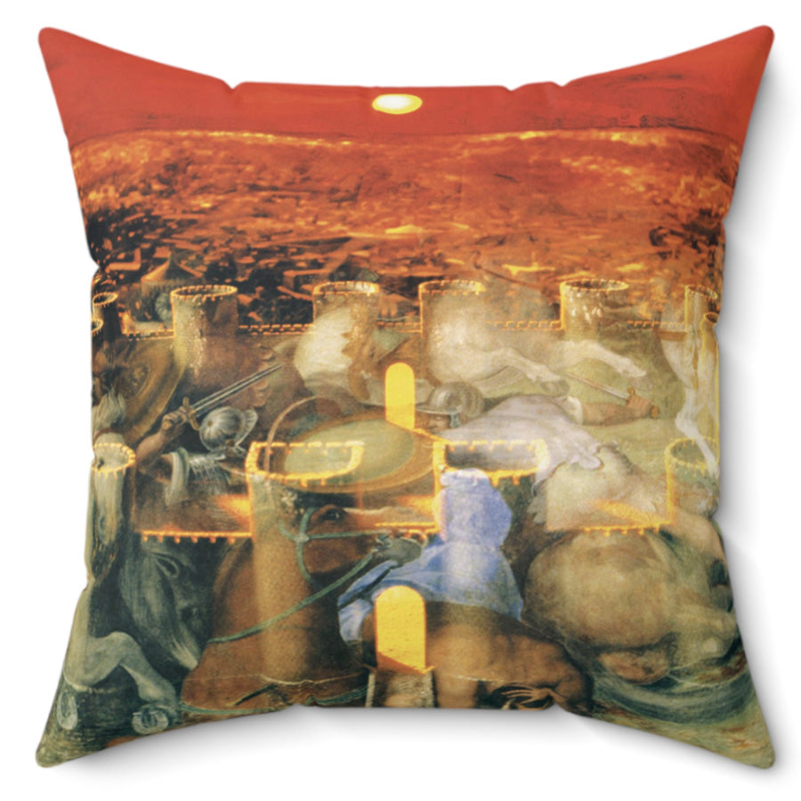 The Roman Fortress decorative pillow by Storaro Art Collection - Ancient fortress walls with legionary spirits in crimson sunset on premium fabric