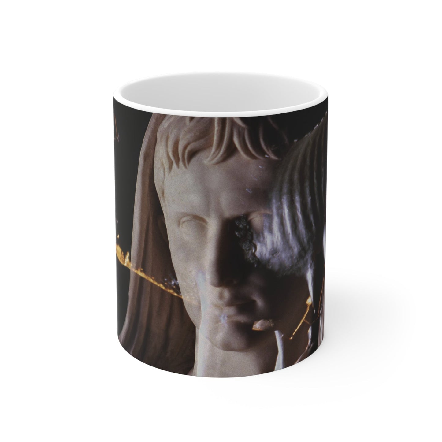 The Rome of Augustus white mug by Storaro Art Collection - Imperial Roman emperor statue with golden lighting on elegant ceramic drinkware