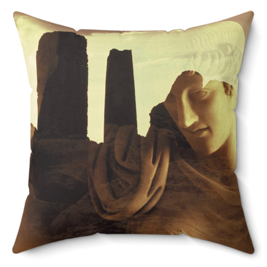 The Tragedy of Oreste and Elettra decorative pillow by Storaro Art Collection - Greek tragedy sculpture with golden archaeological ruins on premium home decor accessory
