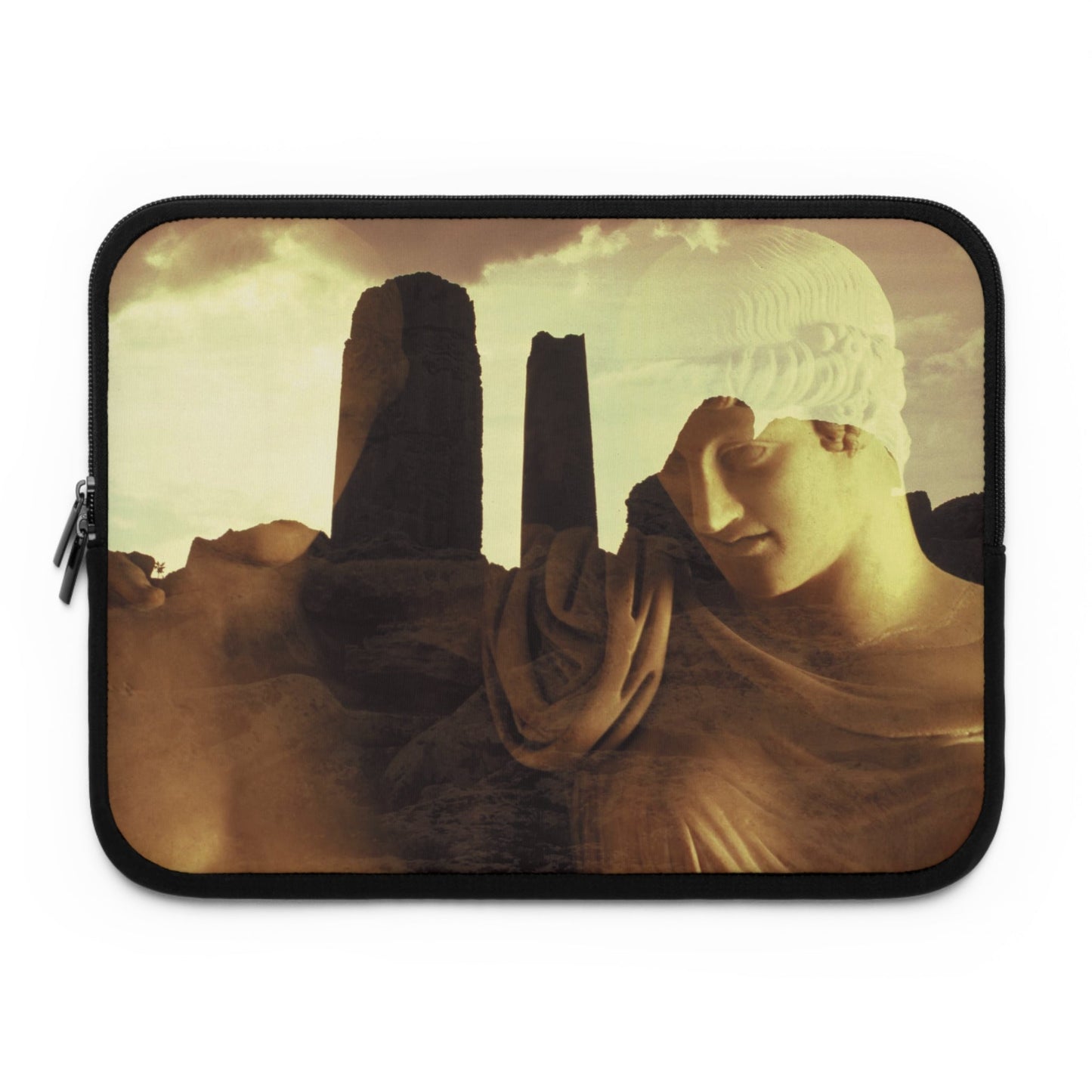 The Tragedy of Oreste and Elettra laptop sleeve by Storaro Art Collection - Greek tragedy sculpture with golden archaeological ruins in padded tech protection