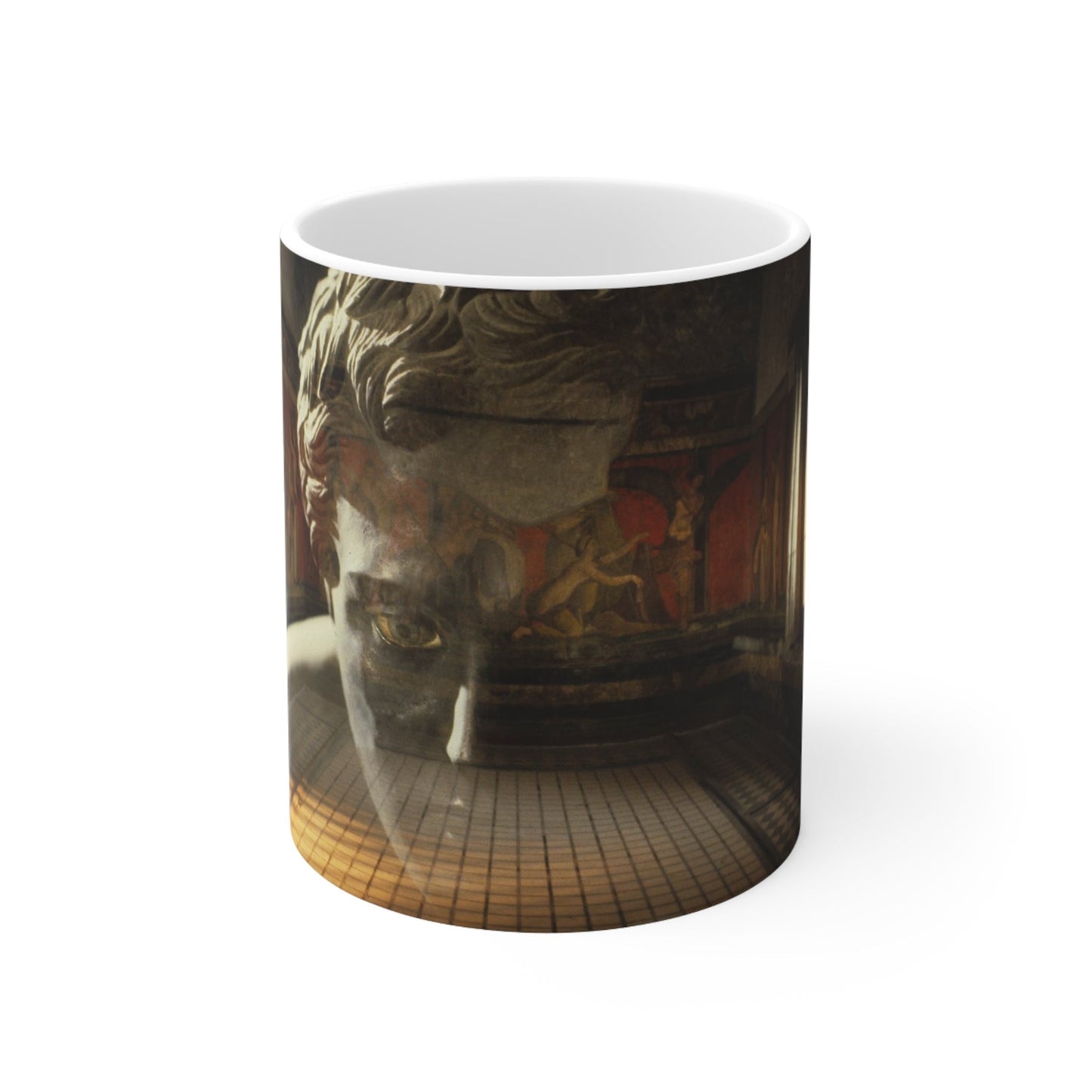 The Villa dei Mysteries white mug by Storaro Art Collection - Pompeii Roman villa with ancient frescoes and sculpture on elegant ceramic drinkware