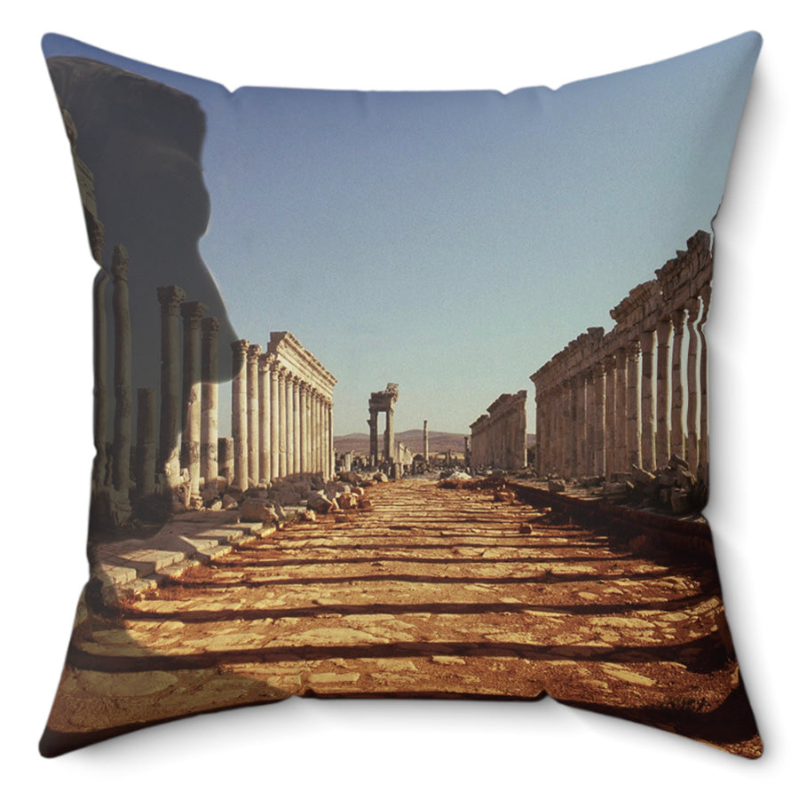 Trajan in the Colonnade of Apamea decorative pillow by Storaro Art Collection - Roman emperor with Syrian colonnade architecture on premium home decor accessory