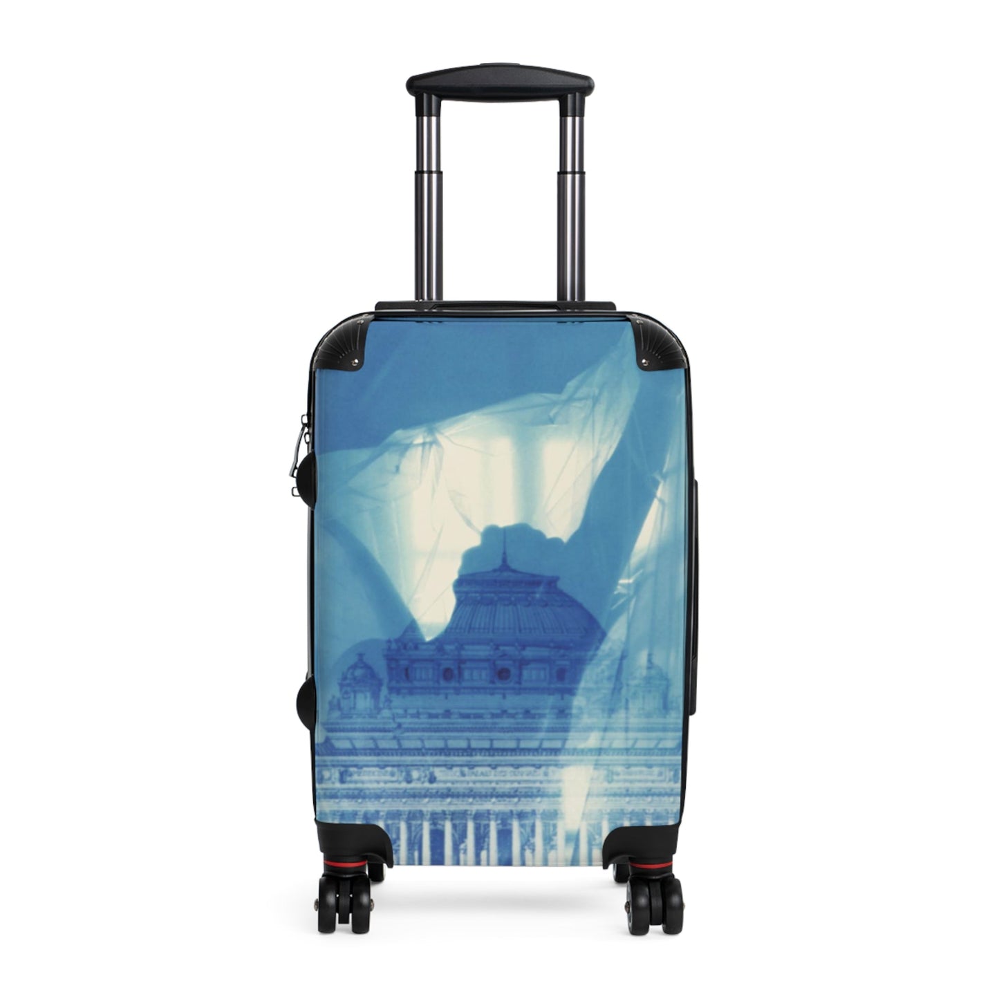 Travel luggage featuring ethereal neoclassical building with flowing blue veils