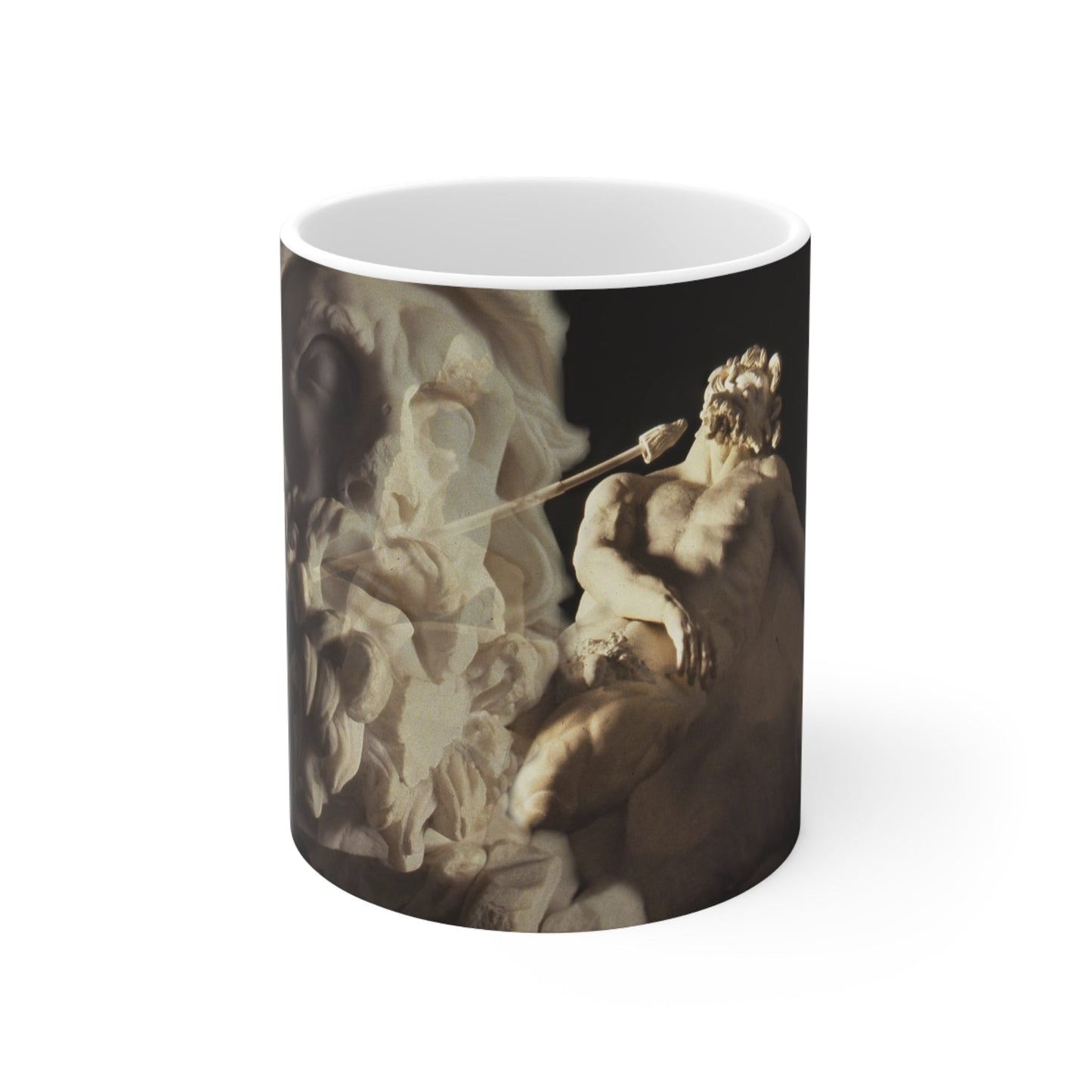 Ulysses and Polyphemus white mug by Storaro Art Collection - Greek mythology heroic sculpture with Cyclops drama on elegant ceramic drinkware