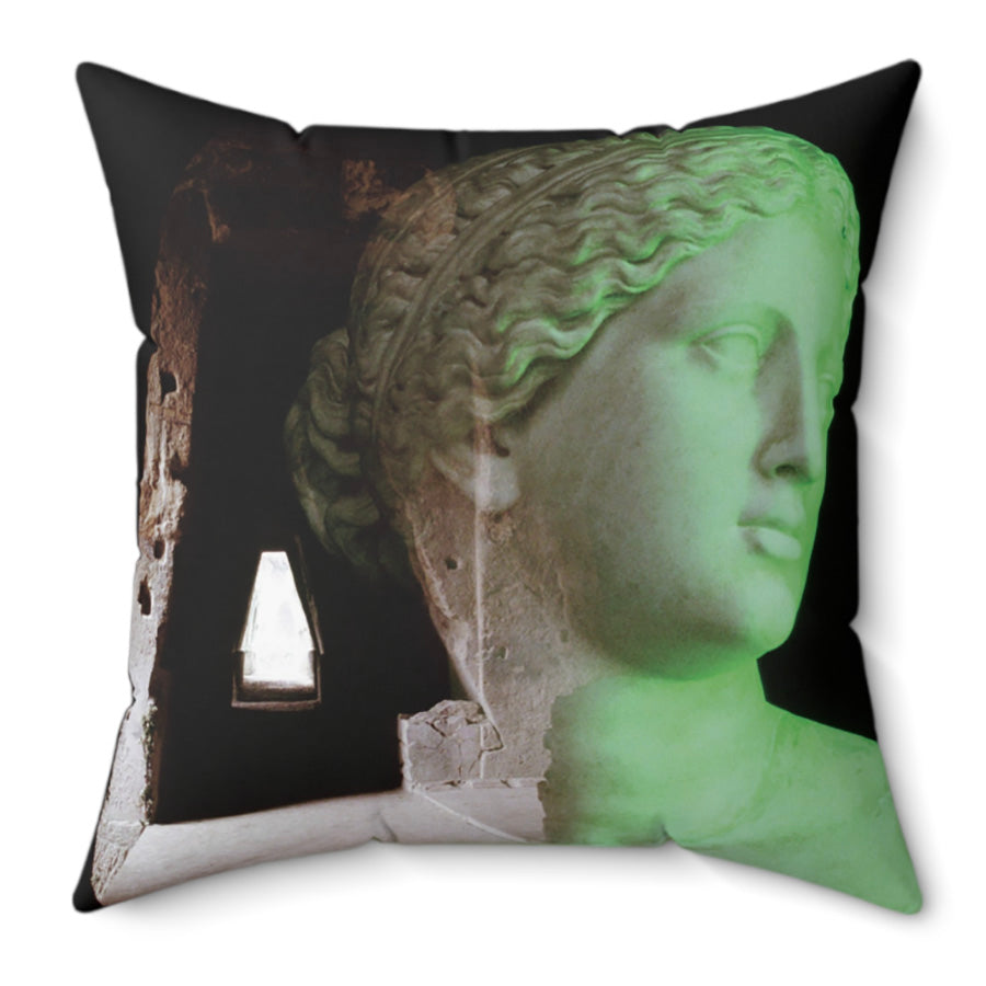 Venus in the Cave of the Cumaean Sibyl decorative pillow by Storaro Art Collection - Classical Venus marble sculpture with emerald cave lighting on premium home decor accessory