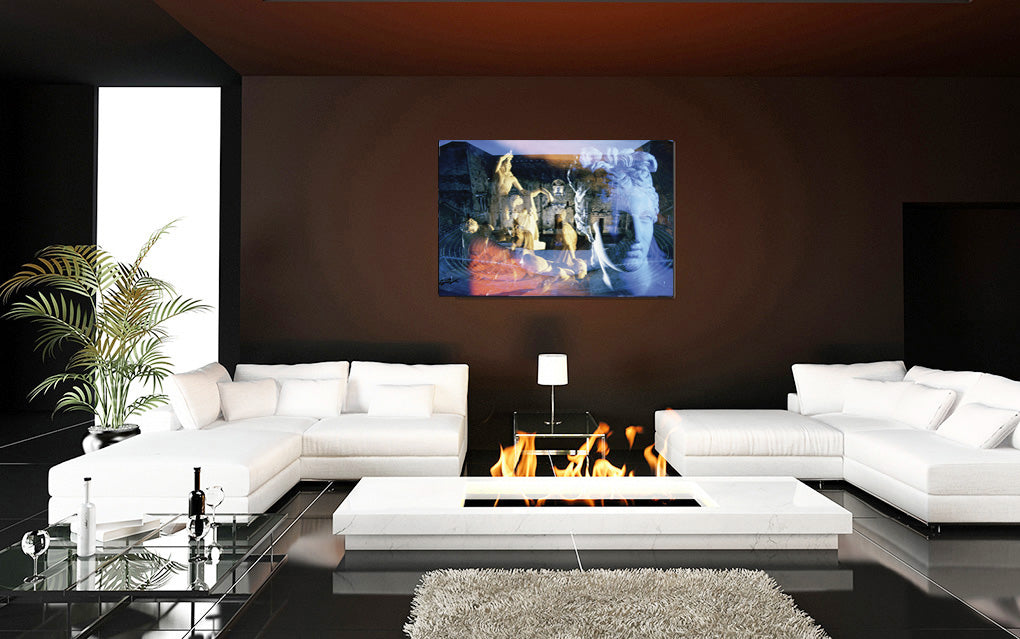 Venus, the Galata and the Theater in Orange acrylic print by Storaro Art Collection - Roman Venus and Dying Gaul sculptures with theater ruins in luminous premium wall art