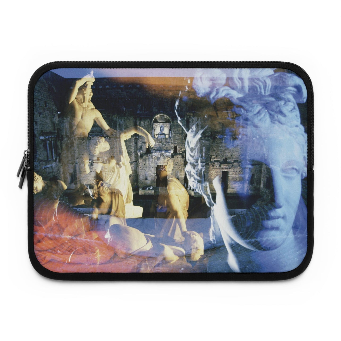 Venus, the Galata and the Theater in Orange laptop sleeve by Storaro Art Collection - Roman Venus and Dying Gaul sculptures with theater ruins in padded tech protection