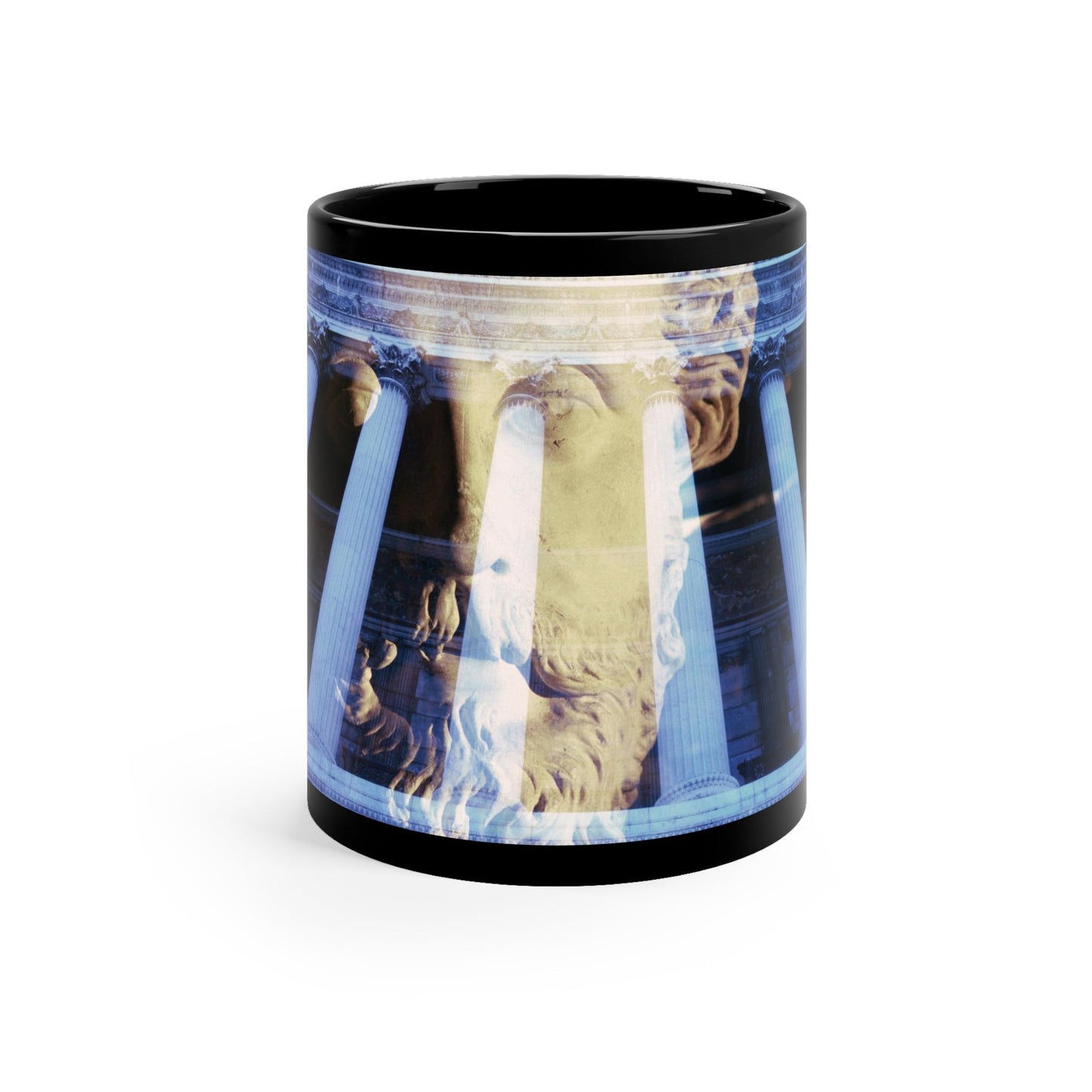 Visions of Marcus Aurelius black mug by Storaro Art Collection - Philosopher emperor Marcus Aurelius with temple columns on sophisticated ceramic drinkware