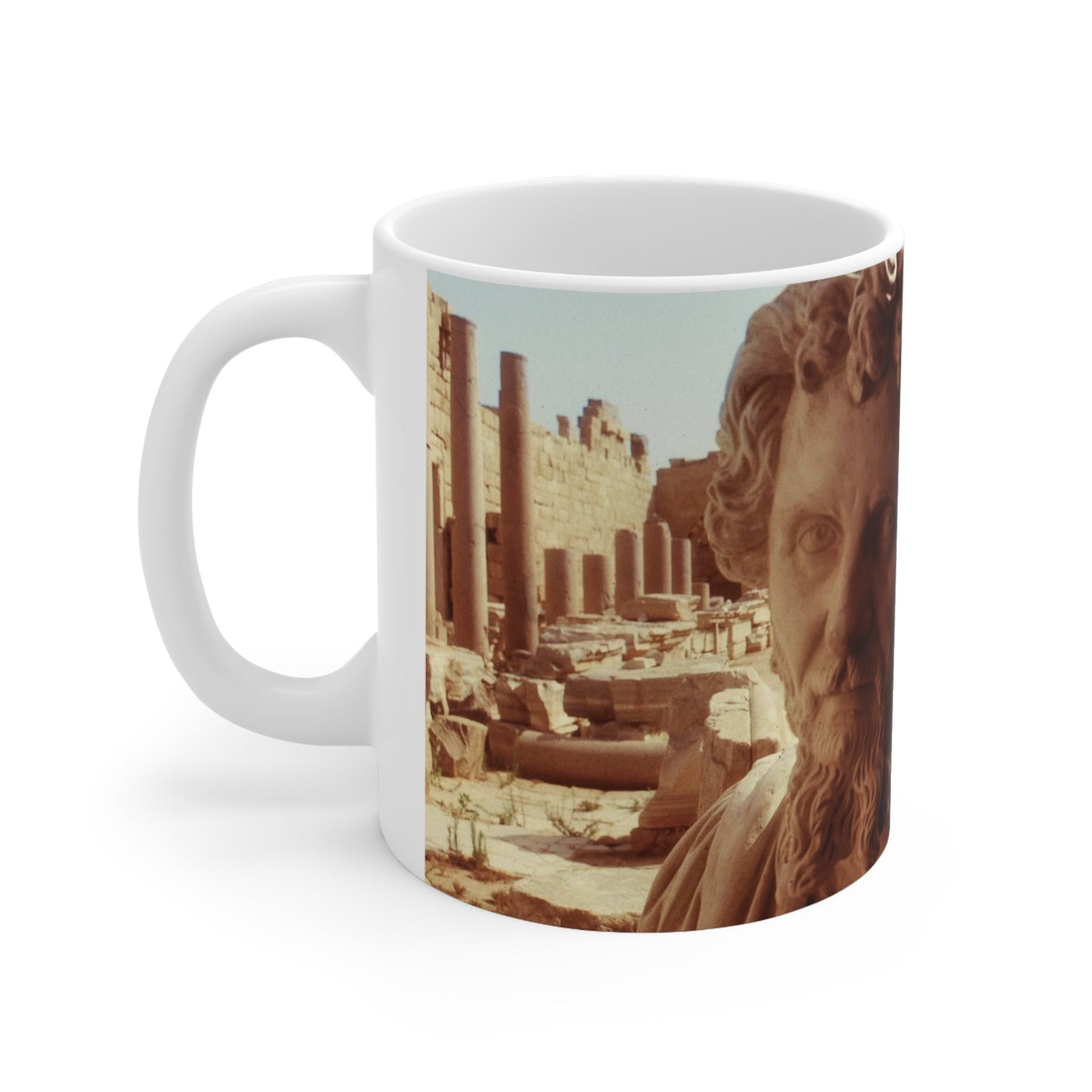 White ceramic mug featuring historical artwork of Roman Emperor Septimius Severus from the ancient city of Leptis Magna, perfect for history enthusiasts and classical art lovers