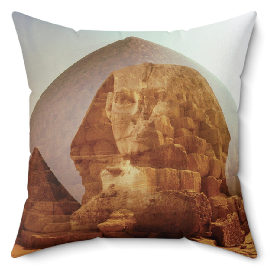 Works of Man decorative pillow by Storaro Art Collection - Great Sphinx and Giza pyramids with golden desert atmosphere on premium home decor accessory
