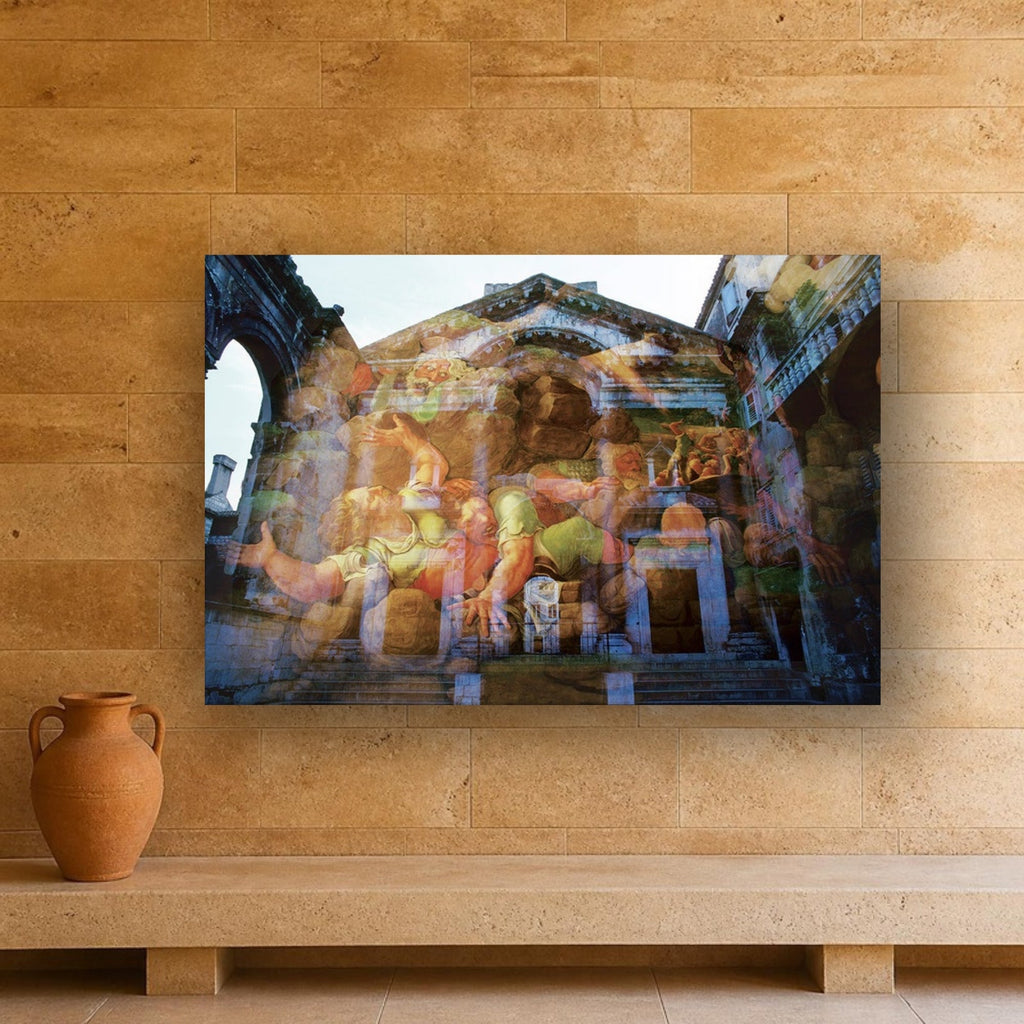 The Fall of the Titans acrylic print by Vittorio Storaro on a honey travertine wall