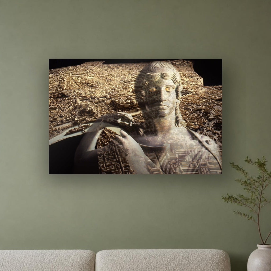 The Muse of Rome acrylic print by Vittorio Storaro on a sage green wall, from the La Civiltà Romana collection