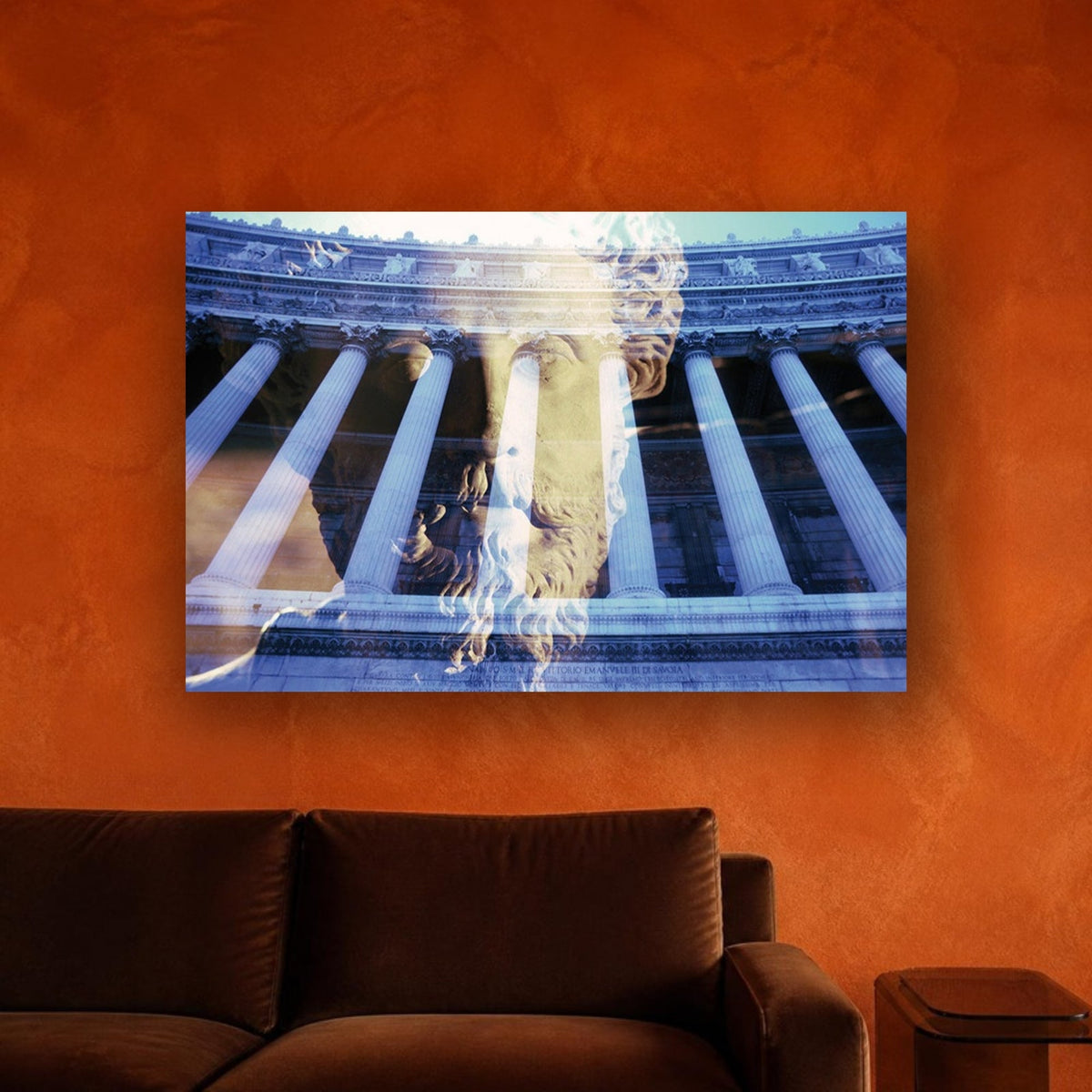 Visions of Marcus Aurelius acrylic print by Vittorio Storaro on a burnt orange plaster wall