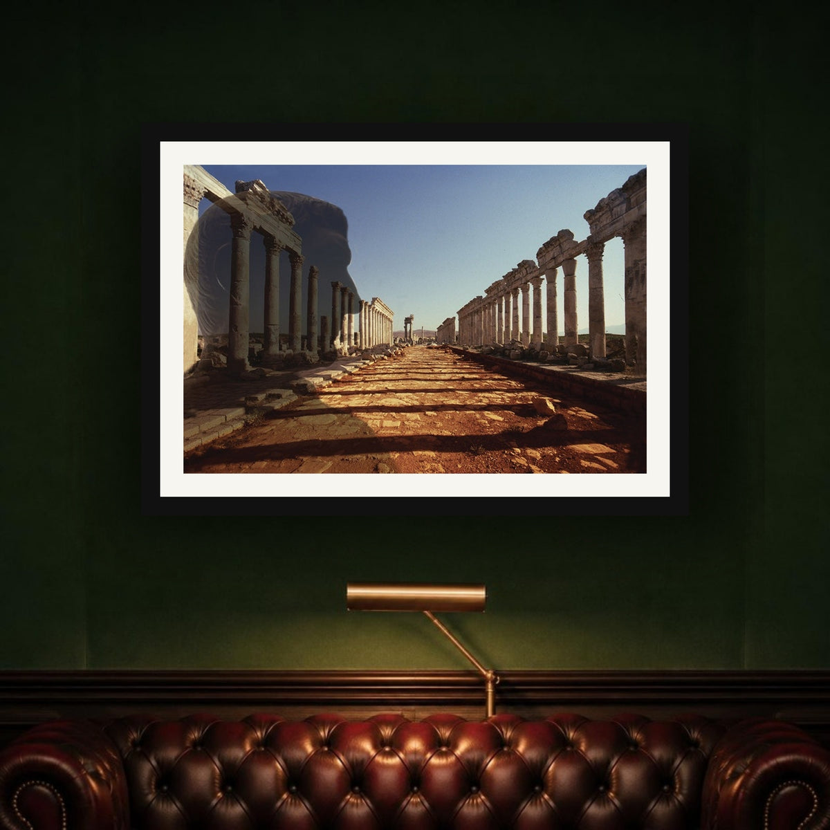 Traiano In The Colonnade of Apamea framed photo print by Vittorio Storaro on a forest green wall