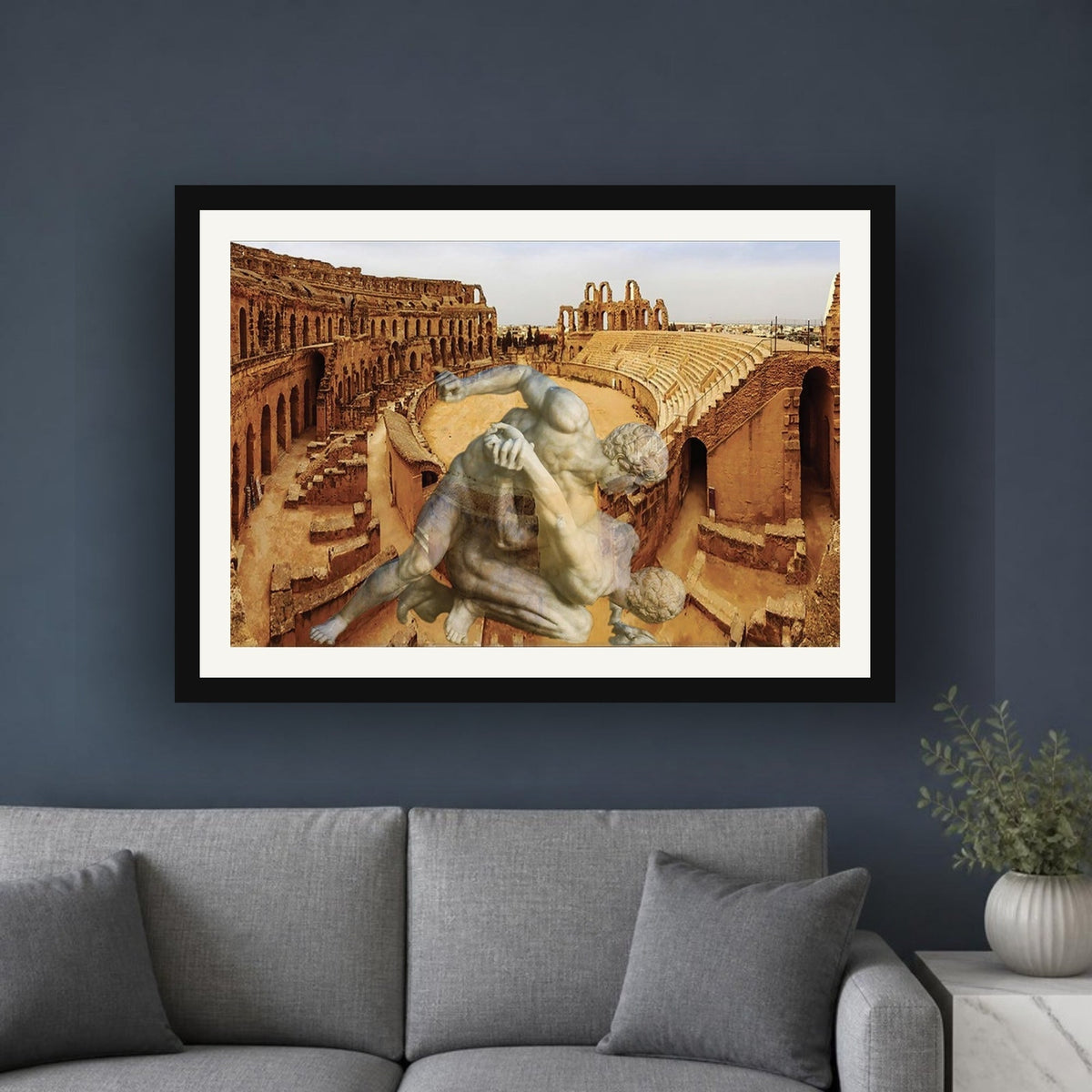 Amphitheater El Jem And The Uffizi Wrestlers framed photo print by Vittorio Storaro on a slate blue wall