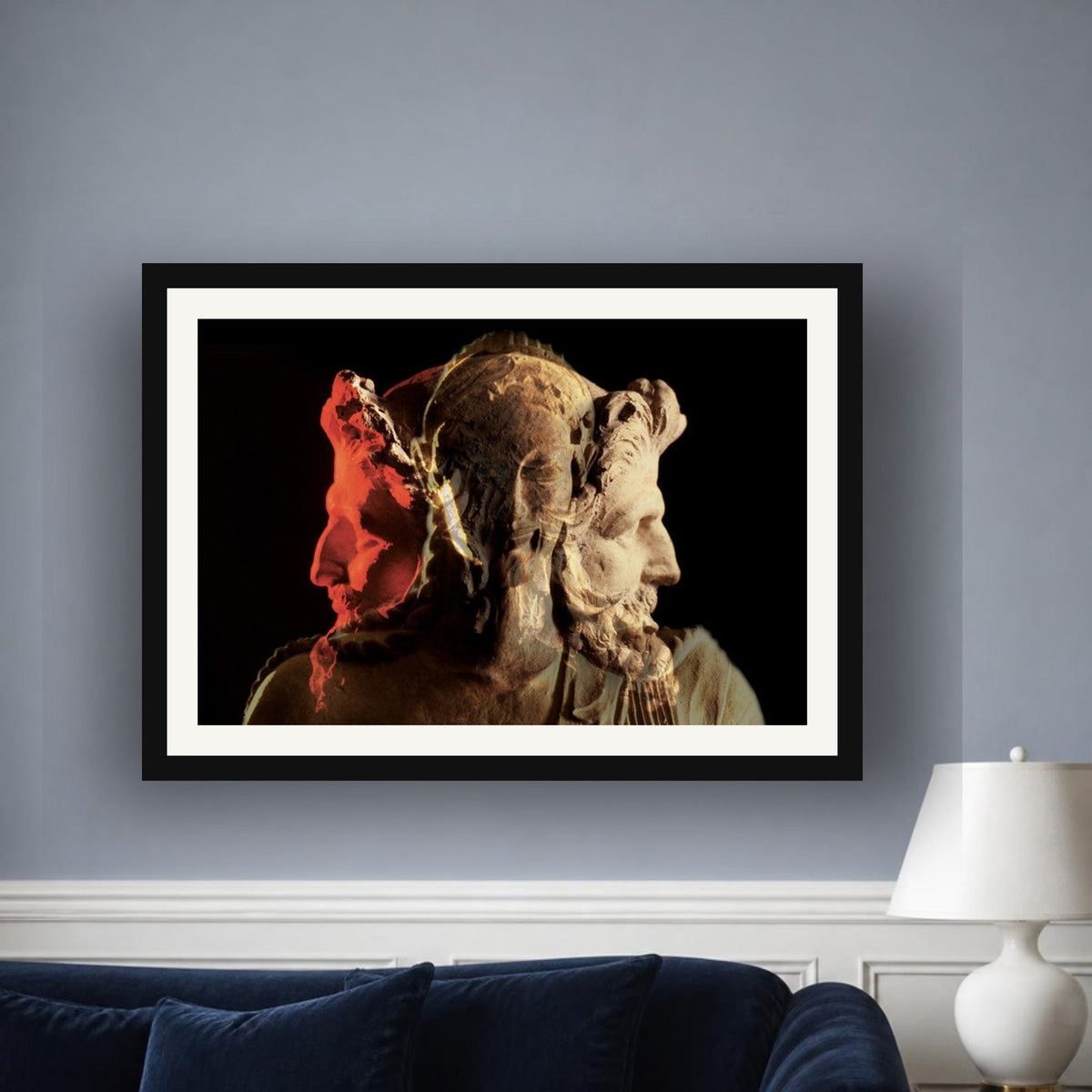Apollo & Two Faced Janus framed photo print by Vittorio Storaro on a dusty blue-grey wall