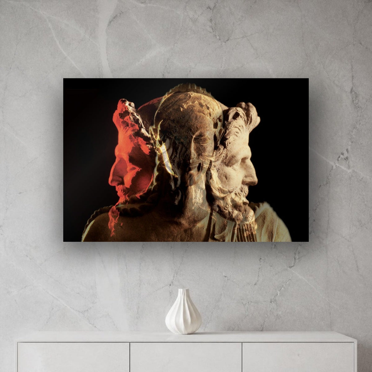 Apollo & Two Faced Janus acrylic print by Vittorio Storaro on a grey marble wall