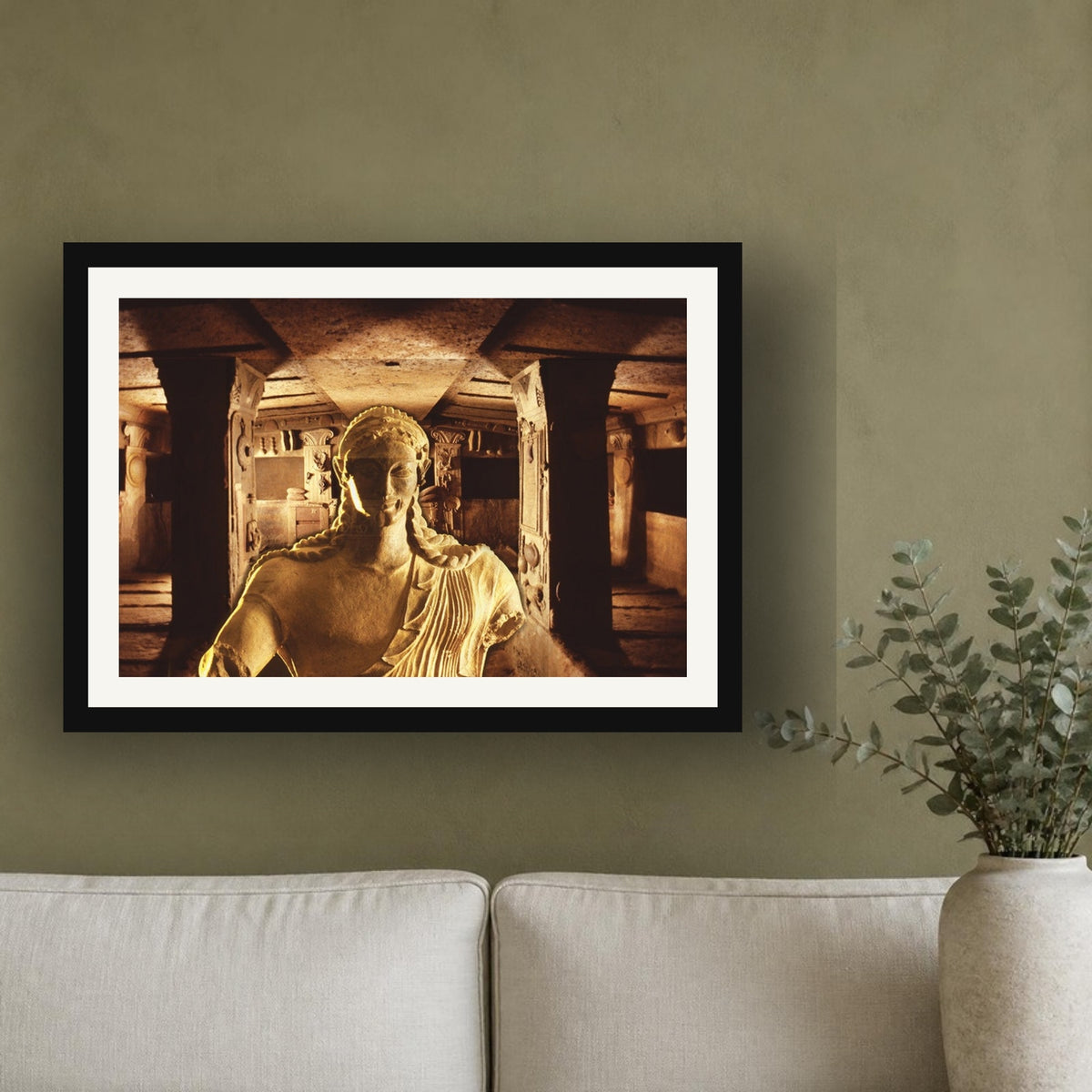 Etruscan Apollo framed photo print by Vittorio Storaro on an olive green plaster wall