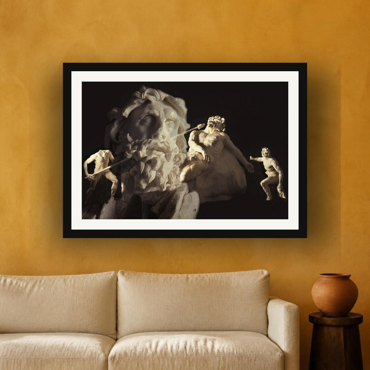 Ulysses & Polyphemus framed photo print by Vittorio Storaro on an ochre plaster wall