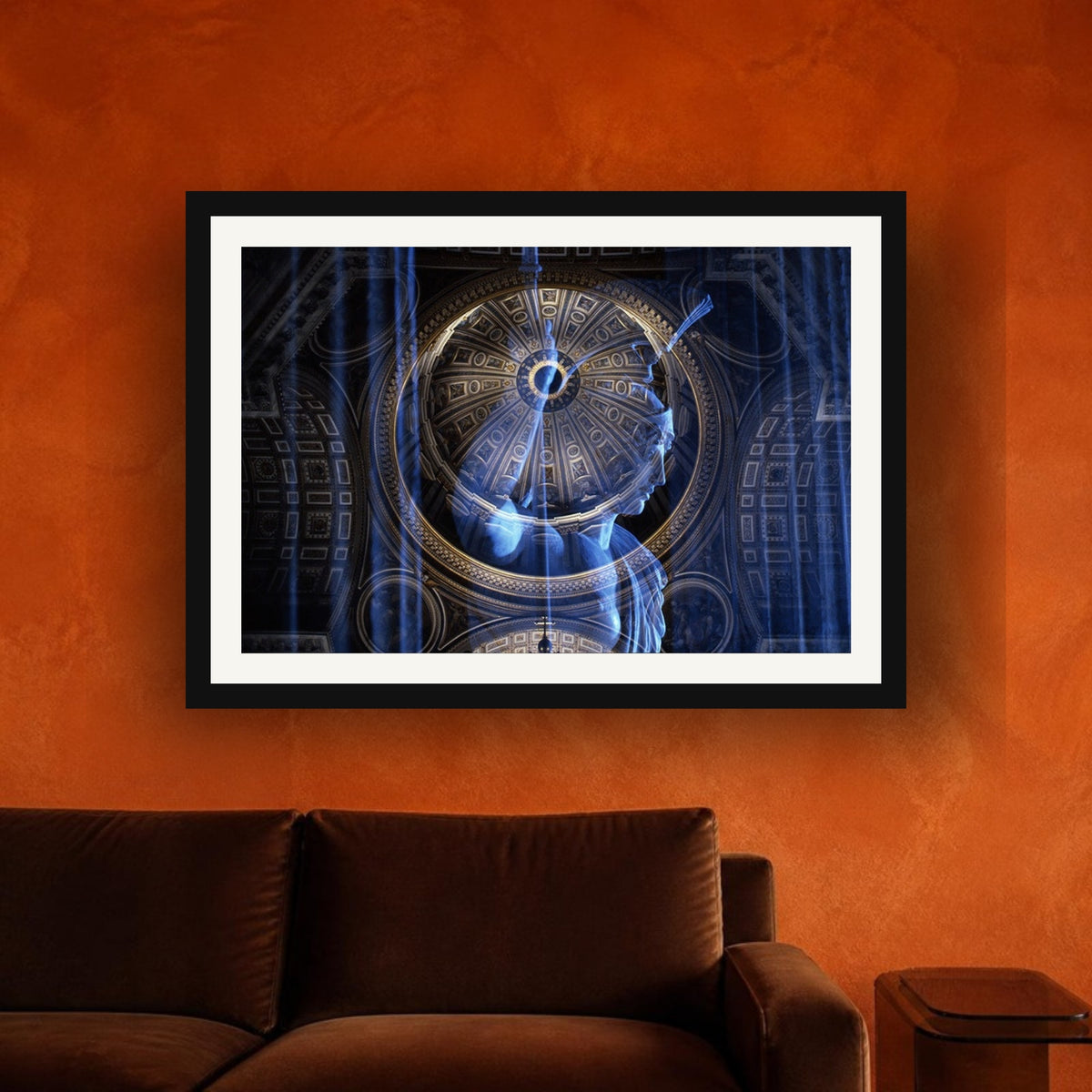 Goddess of Immortality framed photo print by Vittorio Storaro on a burnt orange plaster wall