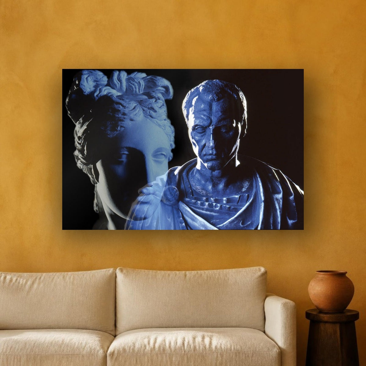 Julius Caesar and Venus acrylic print by Vittorio Storaro on an ochre plaster wall