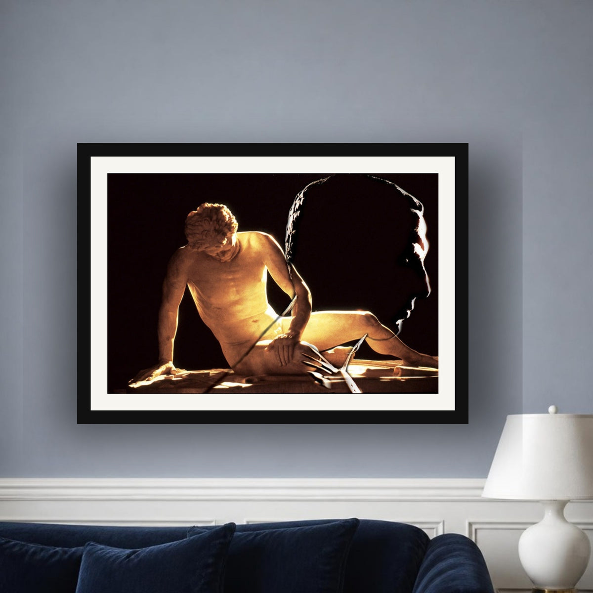 Dying Gaul framed photo print by Vittorio Storaro on a dusty blue-grey wall