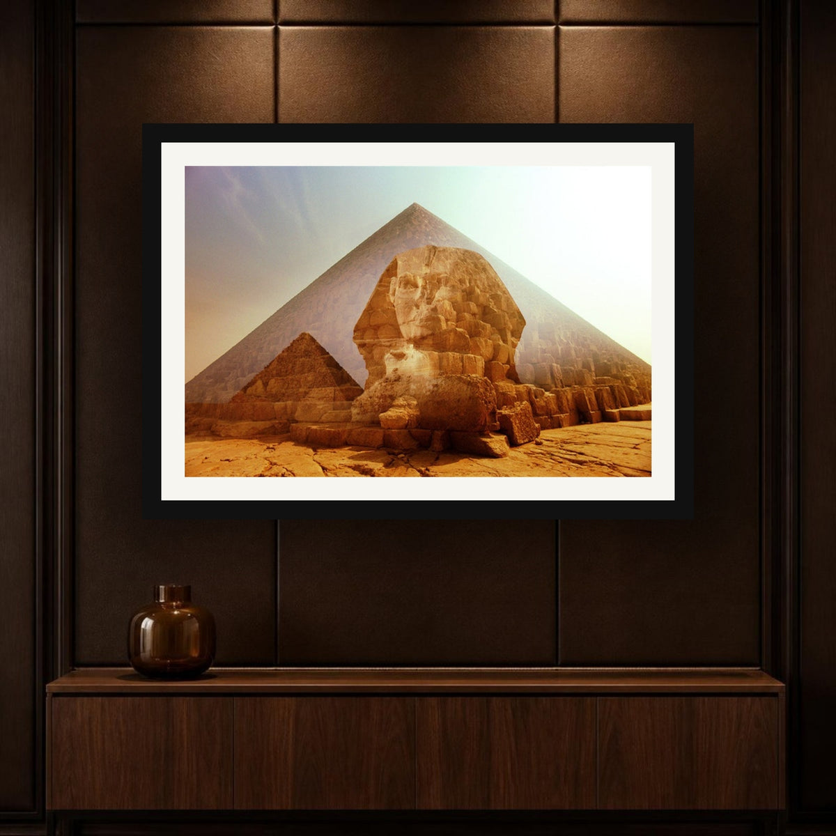 Works of Man framed photo print by Vittorio Storaro on an espresso panelled wall