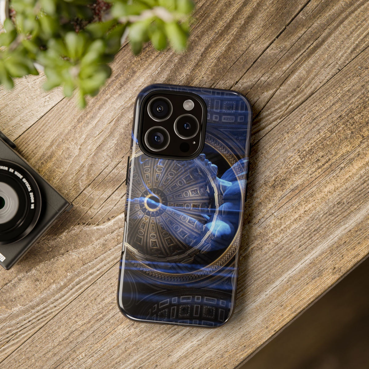Goddess of Immortality tough phone case by Vittorio Storaro, from the La Civiltà Romana collection, shown on a table