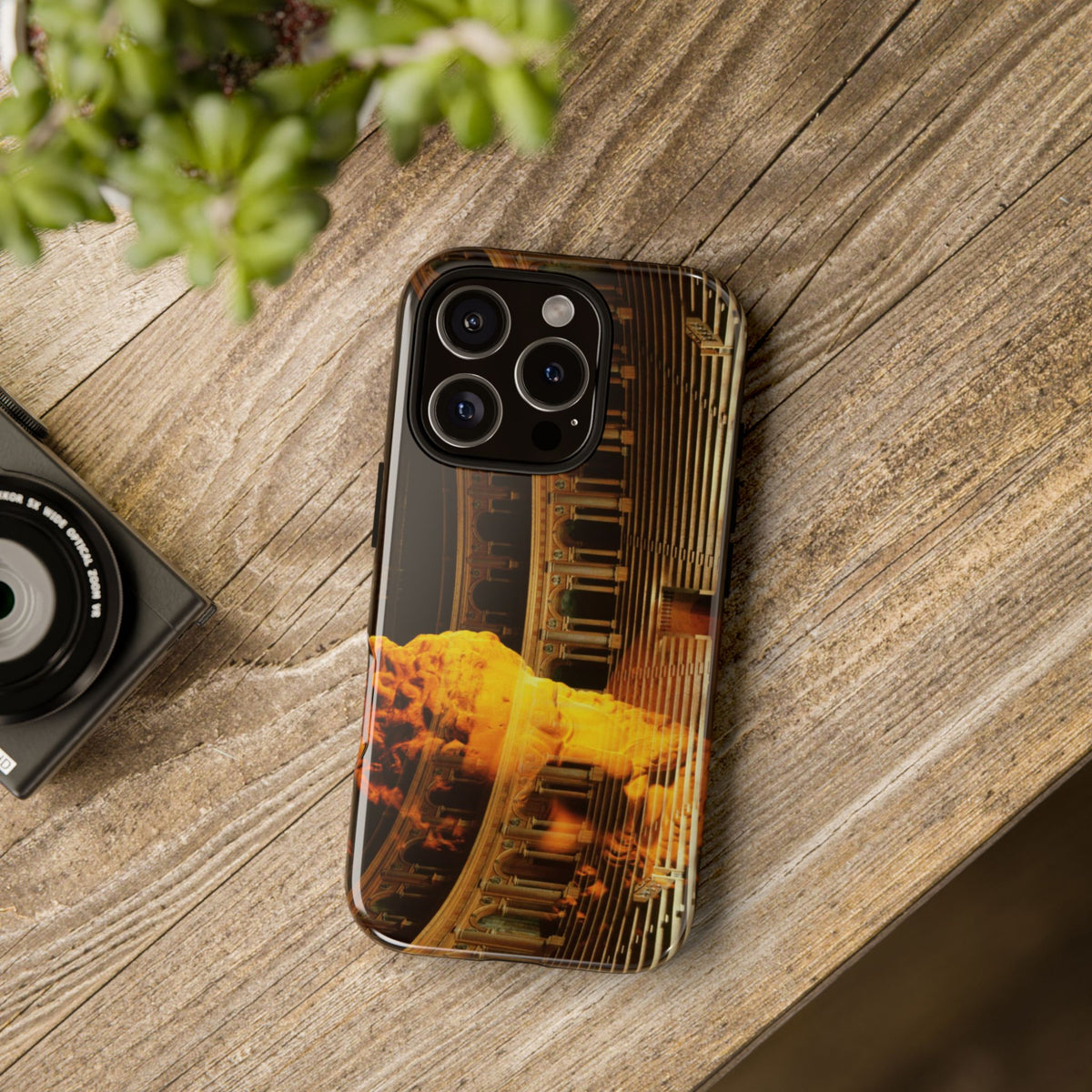 Heracles Arena tough phone case by Vittorio Storaro, from the La Civiltà Romana collection, shown on a table