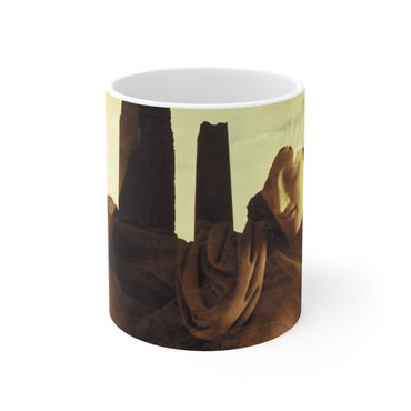 The Tragedy of Oreste and Elettra white mug by Storaro Art Collection - Classical Greek tragedy sculpture with golden ruins on elegant ceramic drinkware
