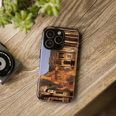 Diocletian's Palace with Goddess Roma tough phone case by Vittorio Storaro, from the La Civiltà Romana collection, shown on a table