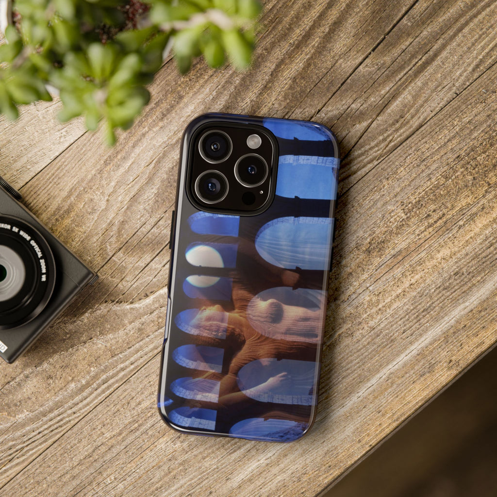 The Aqueduct and his Goddess tough phone case by Vittorio Storaro, from the La Civiltà Romana collection, shown on a table
