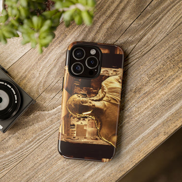 Etruscan Apollo tough phone case by Vittorio Storaro, from the La Civiltà Romana collection, shown on a table