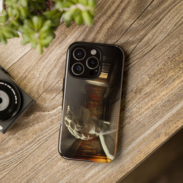 The Villa dei Mysteries tough phone case by Vittorio Storaro, from the La Civiltà Romana collection, shown on a table
