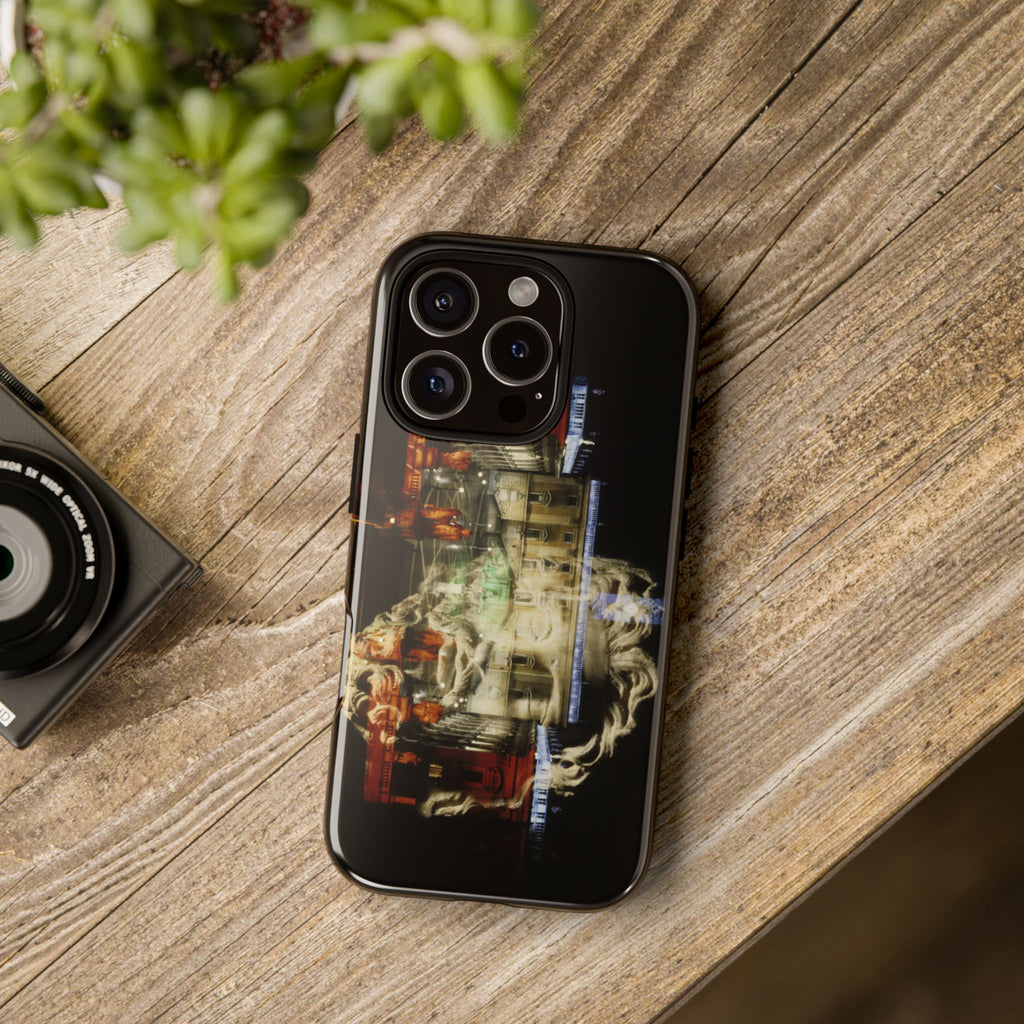 Capitoline Jupiter tough phone case by Vittorio Storaro, from the La Civiltà Romana collection, shown on a table