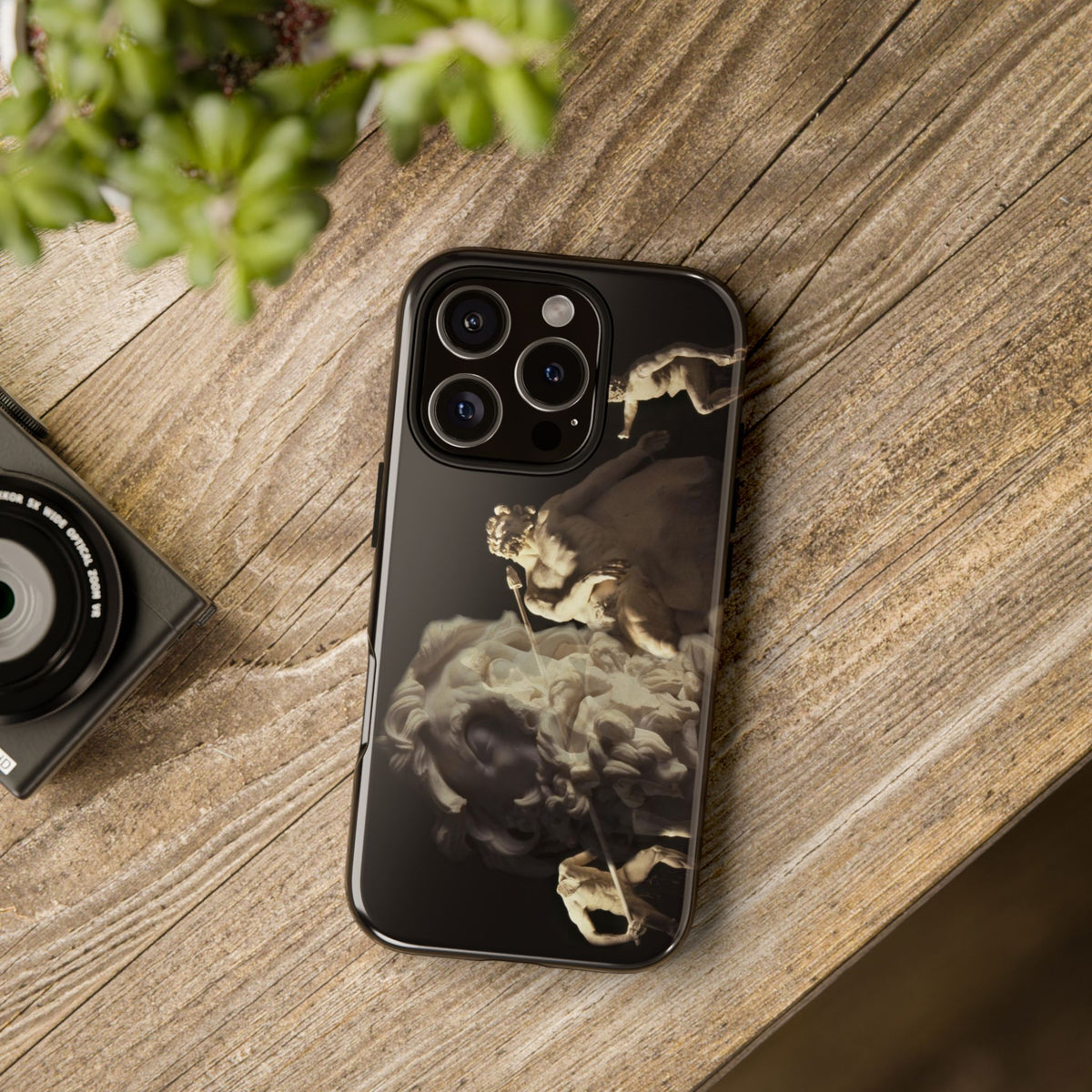 Ulysses and Polyphemus tough phone case by Vittorio Storaro, from the La Civiltà Romana collection, shown on a table