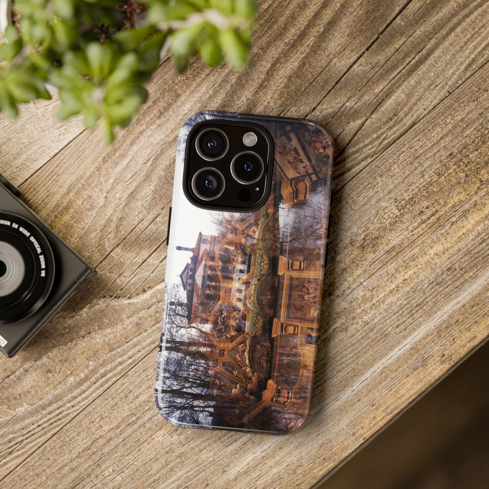 The Villa Malcontenta tough phone case by Vittorio Storaro, from the La Civiltà Romana collection, shown on a table