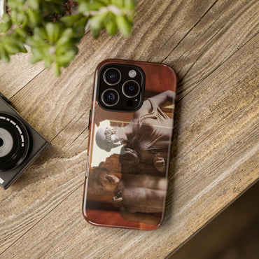 Elettra and Oreste tough phone case by Vittorio Storaro, from the La Civiltà Romana collection, shown on a table