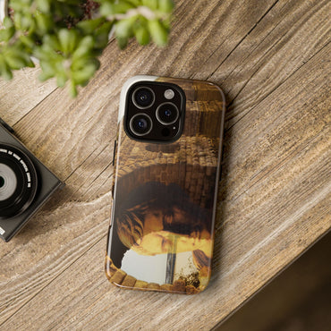 Julius Caesar and the France Bridge tough phone case by Vittorio Storaro, from the La Civiltà Romana collection, shown on a table