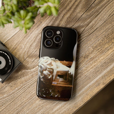 Antinoo in the Hadrian's Villa tough phone case by Vittorio Storaro, from the La Civiltà Romana collection, shown on a table