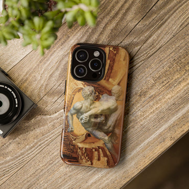 Amphitheater El Jem And The Uffizi Wrestlers tough phone case by Vittorio Storaro, from the La Civiltà Romana collection, shown on a table