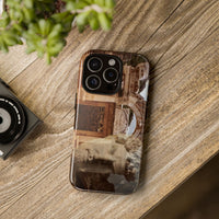 Adriano's Market tough phone case by Vittorio Storaro, from the La Civiltà Romana collection, shown on a table