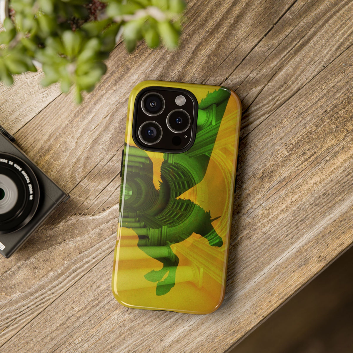 Pegasus tough phone case by Vittorio Storaro, from the La Civiltà Romana collection, shown on a table