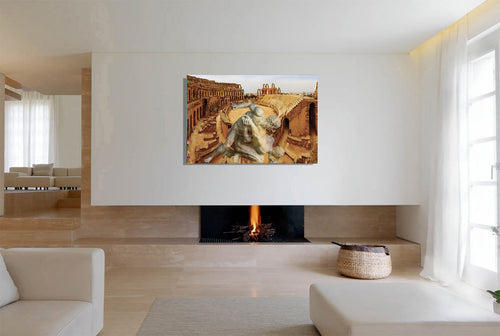 Amphitheater El Jem and the Uffizi Wrestlers canvas print by Storaro Art Collection - Classical wrestling sculpture in Roman amphitheater with golden atmosphere on museum-quality wall art
