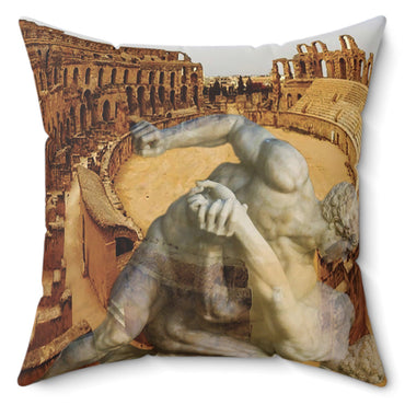 Amphitheater El Jem and the Uffizi Wrestlers decorative pillow by Storaro Art Collection - Classical wrestling sculpture in Roman amphitheater with golden atmosphere on premium home decor accessory
