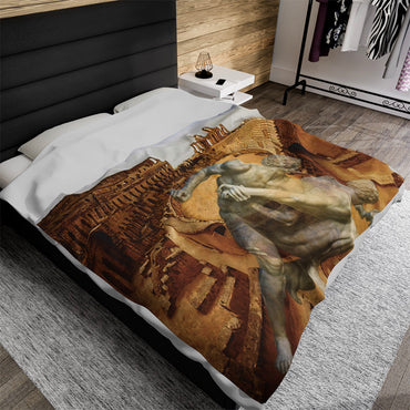 Amphitheater El Jem and the Uffizi Wrestlers luxury blanket by Storaro Art Collection - Classical wrestling sculpture in Roman amphitheater with golden atmosphere on premium comfort fabric
