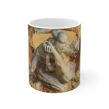 Amphitheater El Jem and the Uffizi Wrestlers white mug by Storaro Art Collection - Classical wrestling sculpture in Roman amphitheater with golden atmosphere on elegant ceramic drinkware
