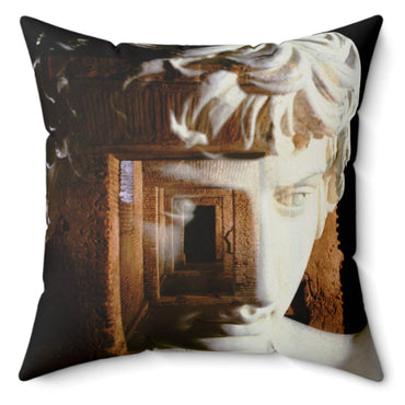 Antinoo in the Hadrian's Villa decorative pillow by Storaro Art Collection - Classical Antinous sculpture in villa chambers with golden atmosphere on premium home decor accessory
