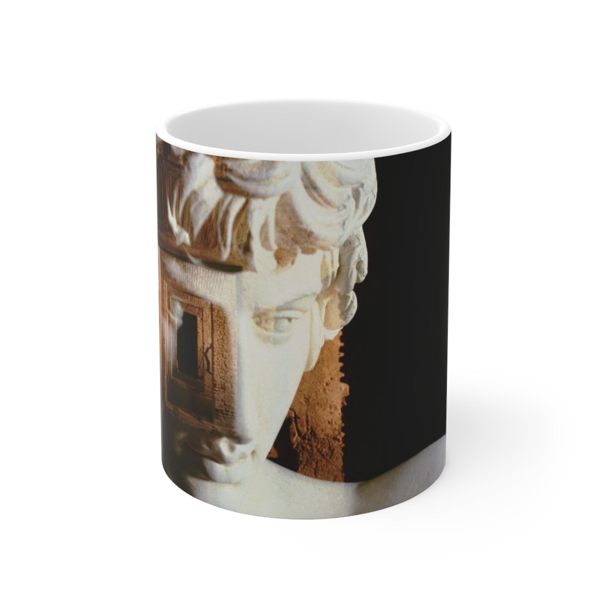 Antinoo in the Hadrian's Villa white mug by Storaro Art Collection - Classical Antinous sculpture in villa chambers with golden atmosphere on elegant ceramic drinkware
